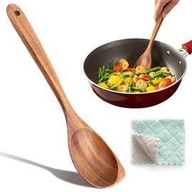 Large Wooden Spoon with a Dishcloth -12.6 Inch Wooden Spoon for Cooker, Long Handle Spoon, Large Wood Mixing Spoons, Big Stirring Corner Spoon, Teak No‑Stick Spoons for Home Kitchen Cooker