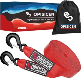 Tow Strap with Hooks 2 Inch x 20 Foot - 15,216 lbs Breaking Strength Emergency Heavy Duty Capacity Tow Rope Forged Steel Hooks for Car Truck Jeep ATV SUV, Roadside Recovery (Red, 2" x 20')