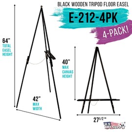 U.S. Art Supply 64" Black Wooden Easel Stand (4 Pack) - Adjustable A-Frame Tripod for Painting, Drawing & Signs - Lightweight Easels, Wood Easel Stand for Sign Wedding Display 40" Canvas Capacity