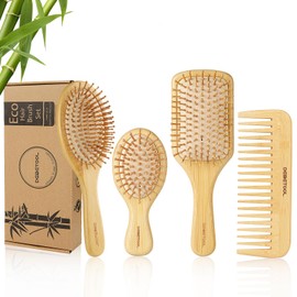 DEBETOOL Bamboo Hair Brush Set, Natural Wooden Bamboo Comb Paddle Detangling Hairbrush for Hair Growth - Wide-tooth and Tail Comb Suitable for Thick/Thin/Curly/Dry Hair