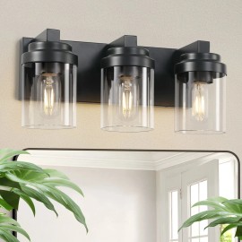 Matte Black 3-Light Bathroom Vanity Light Clear Glass Shade with Vanity Light Fixtures and Mirror Modern Bathroom LightingMaterial: Iron, Color: Black Color