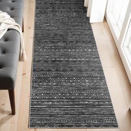 2x6 Washable Hallway Runner Rug - Moroccan Non-Slip Indoor Table Long Runners for Entryway Soft Low Pile Neutral Rugs for Kitchen Waterproof Geometric Carpet for Bedroom Bathroom Laundry 2x6 Black