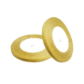 Trimming Shop 6mm Wide Gold Glitter Organza Christmas Ribbon For Gift Wrapping Packaging Xmas Tree Wreath Festival Decoration DIY Craft Hair Bows Making, 25 Yards