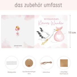 BETESSIN Welcome Home Baby Gifts - Welcome Home Card for Birth Girl - Greeting Card with Stork Motif - Birth Card with Envelope - Money Gifts Packaging for Birth & Baby Shower