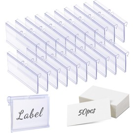 Meetory 50 PCS Clear Plastic Label Holders for Wire Shelf Retail Price Label, Basket Bin Labels Clip On, Labels for Storage Bins, Merchandise Sign Display Holder for Supermarket,Label Papers Included
