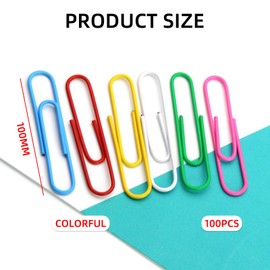 CLKE 100Pcs Extra Large Paperclips Colored, 100mm Metal Paper Clips, Assorted Coloured Paperclips, Giant Paper Clips, for Office School Stationery Document Classified Storage
