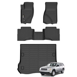 Wailtnb-Car Floor Mats & Cargo Liner Set Fit for 2005-2010 Jeep Grand Cheroke All Weather Floor Mats for Jeep Grand Cherokee 2010 Cargo Liner TPE Waterproof Trunk Liners Full Set Accessories Black