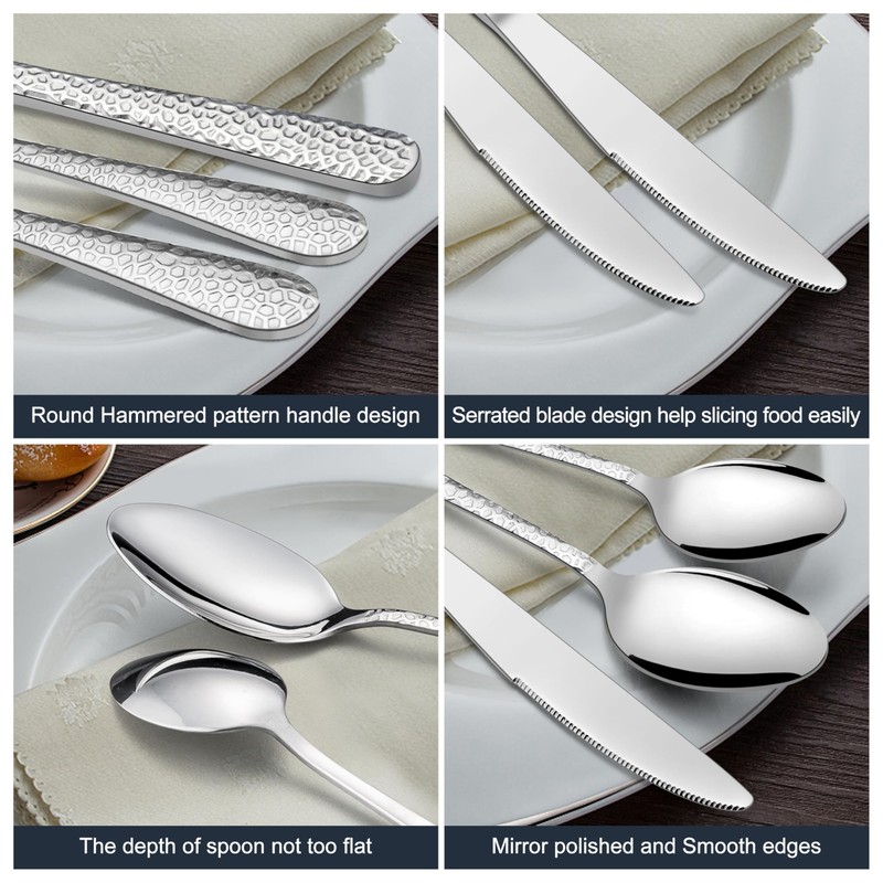 HaWare Hammered Silverware Set, 20-Piece Stainless Steel Flatware Set Serving