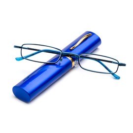 Pocket Readers Ultra Slim Compact Reading Glasses Spring Temple w/Portable Pocket Clip Aluminum Case Blue +3.00