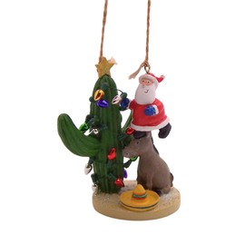 Resin Santa and Donkey Decorating a Saguaro Cactus with Lights Christmas Ornament, Festive Hanging Ornament, Holiday Decor, 3.75 Inches