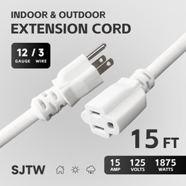 GreenProsper 12 Gauge Indoor Outdoor White Extension Cord Heavy Duty 15 FT, 12 AWG SJTW Electrical Cable, Weather-Resistant Power Cord, Great for Garden, Offices and Lawns