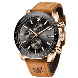BENYAR Men's Watch Quartz Sports Chronograph Fashion Business Luxury Brand Waterproof Watch Analog Date Men's Brown Leather Watch for Men (Brown Gold Black)