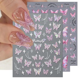 IDDFEVE Butterflies Nail Art Stickers - Laser Pink Butterflies Wing Self-Adhesive Nail Decals for DIY Spring Summer Lace Manicure (3 Sheets)