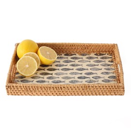 Tynulox Rattan Tray with Mother of Pearl Inlay, Display Wicker Basket with Handles, Rectangle Serving Tray for Bread Fruit Coffee Decoration and Daily Necessity (Fish, 13"×9")