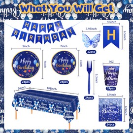 Blue Happy Birthday Party Supplies Tableware Set Birthday Decoration Birthday Banner and Tablecloths Plates Cups Napkins Party Dinnerware for 24 Guests Party Supplies
