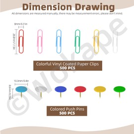 Wokape 1000PCS Colored Vinyl Coated Thumbtacks & Paperclip Kit, Colors Plastic Roundness Push Pins 28.8mm(1.13in) Small Paperclips Bulletin Board Tack Colorful Thumb Tacks Colored Paper Clips