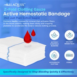 AllaQuix Advanced Kaolin Hemostatic Gauze – Z-Fold Sterile Clotting Bandage (3" x 3.3 ft, 2-Pack) | Stops Bleeding Fast for Emergency, Trauma, Tactical First Aid, IFAK, Survival, and Outdoor Kits