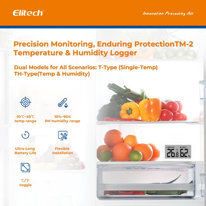 Elitech 2 Pack TM-2 Fridge Thermometer, Temperature and Humidity Monitoring,
