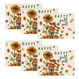 Artoid Mode Happy Scarecrow Leaves Fall Placemats Set of 6, 12x18 Inch Seasonal Thanksgiving Holiday Table Mats for Party Kitchen Dining Decoration
