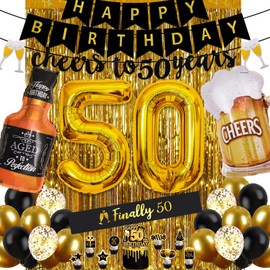 50th Birthday Decorations for Men, 50 Birthday Decorations with Happy Birthday Banner, Cheers to 50 Years Banner, Happy 50th Birthday Decorations Fringe Curtain,Confetti Latex and Cups Foil Balloons