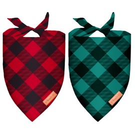 2 Pieces Christmas Buffalo Plaid Dog Bandanas, Double-Sided Reversible Triangle Scarf, Red and Green Checkered Design, Holiday Pet Costume Accessories for Dogs and Cats (Large)