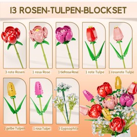 Flower Building Blocks Kit, Botanicals Roses and Tulips - 13-Piece Bouquet of Building Blocks with Flowers, as a Gift for Valentine's Day, Mother's Day or Birthday, for Girls and Boys 6+