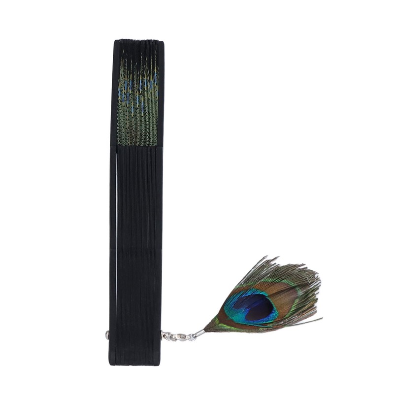 Folding Fan Black Bones Beautiful Peacock Pattern Antique Bamboo Hand