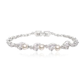 Clearine Cubic Zirconia Wedding Bridal Bracelet for Brides Bridesmaids Elegant Simulated Pearl Tennis Bracelet for Women Prom Jewellery, Cubic Zirconia