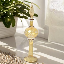 Ornamenta Hand-Blown Glass Perfume Bottle in Golden Amber, Tall Vintage-Inspired Refillable Fragrance Decanter with Etched Glass Design, Elegant Decorative Display Bottle for Gifting or Collectors