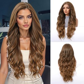 wffenhefragrance Glueless Synthetic Caramel Brown Water Wave Lace Front Wig with Pre-Plucked Hairline - 28 Inch for Daily Use and Parties