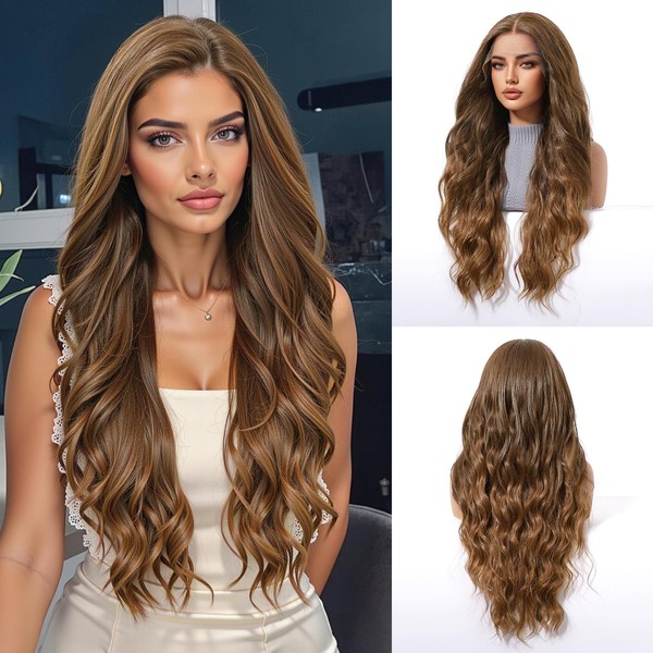 wffenhefragrance Glueless Synthetic Caramel Brown Water Wave Lace Front Wig