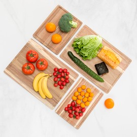 Acacia Wood Cutting Board for Kitchen - Large Cutting Board Set of 4, Solid Wood Cutting Board with Juice Grooves, Chopping Board for Meat, Veggies, Easy Grip Handle