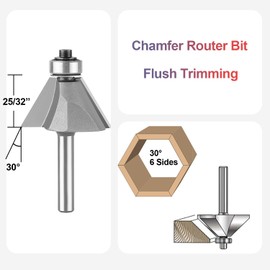 SpeTool Chamfer Router Bit 1/4 Shank 30 Degree Bevel Edge Treatment 25/32 inch Cutting Length for Wood Edge Forming with Bearing Flush Trim CNC Router Bits Carbide Tip