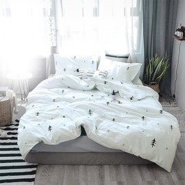 BuLuTu Kids Duvet Cover Full Size Cotton White/Grey,Premium Boys Girls Bedding Sets Twin,Single Bed Comforter Cover Zipper Closure,Forest Tree Print Pattern,Super Soft,Breathable,No Comforter