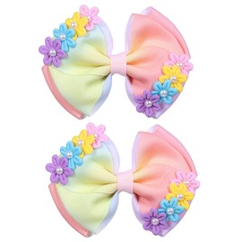 4 Inch Pearl Flower Hair Bows for Toddler Girls Colorful Ribbon Hair Bows Alligator Clips Floral Hair Accessories for Teens Kids Women Children Summer School Holiday Gift in Pairs