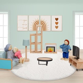 Giant bean 36pcs Wooden Dollhouse Furniture Set 5 Rooms 4 Family Dolls, Wood and Plastic Blue Dollhouse Accessories, Pretend Play Furniture Toys Christmas Birthday Gift for Boys Girls Kids Toddlers 3+