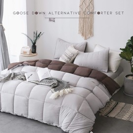 KASENTEX All Season Down Alternative Quilted Comforter Set Reversible Ultra Soft Duvet Insert Hypoallergenic Machine Washable, Queen, Silver Cloud/Chocolate Brown