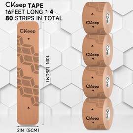 CKeep 4 Rolls Kinesiology Tape, Original Cotton Elastic Athletic Tape, 20 CT 10" Precut Strips Each, Waterproof Tape for Muscle Strain Relief and Joint Support, Beige
