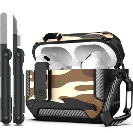 RFUNGUANGO for AirPods Pro 2nd Gen Case with Cleaning Kit, Military Hard Case Protective Armor with Lock, for AirPod Gen 2 Charging Case (2023/2022/2019, 2nd Gen/1st Gen), Desert Camo