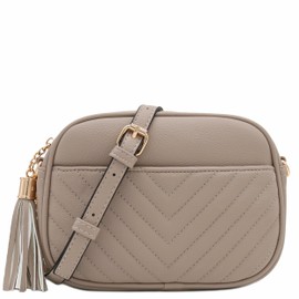FashionPuzzle Chevron Quilted Crossbody Camera Bag with Chain Strap and Tassel (Travertine)