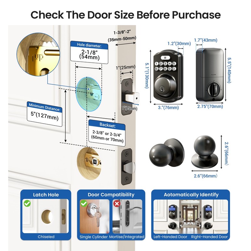Veise Keyless Entry Door Lock with 2 Knobs, Electronic Backlit