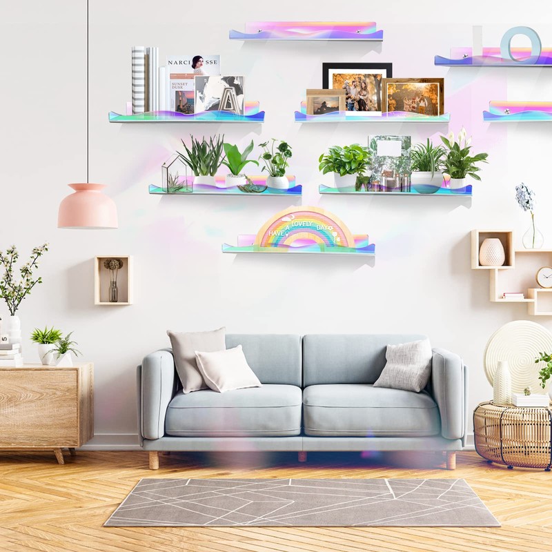 6 Packs Iridescent Clear Acrylic Floating Shelves, DILIBRA 15.7 Inch