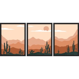 SIGNWIN Frame Southwest Western Cactus Desert Landscape Wall Art, Set of 3 Nature Wilderness Illustrations Wall Decor Prints Minimalist Wall Décor for Living Room, Bedroom - 12"x16" Black
