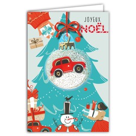 Afie 61-6040 Merry Christmas Card with Envelope and Collage Embossed Red Car Snow Globe in Gold Shiny Sparkling Sparkling Ribbons Gifts at the Foot of the Tree Green Snowman