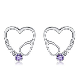 Amethyst Nurse Earrings for Women 925 Sterling Silver Stethoscope Studs Earrings Graduation Jewelry for Nurse Doctor Medical Student