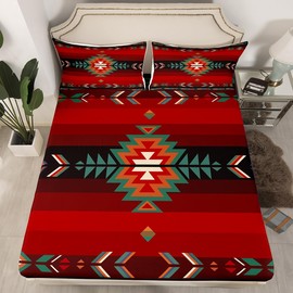 Feelyou King Size Southwest Native Design Bed Sheets Set Boys Girls Southwestern Geometric Sheet Set for Kids Ultra Soft Tribal Sheets with Deep Pocket Fitted Sheet Red Green Room Decor