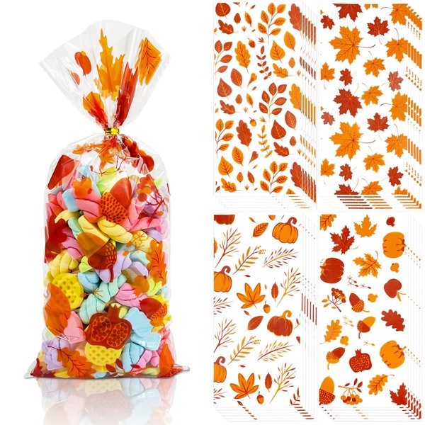 100 Pcs Fall Thanksgiving Cellophane Treat Bags with 100 Twist Ties, Clear Pumpkin Maple Leaf Goodie Candy Treat Bags Bulk with Twist Ties for Thanksgiving Autumn Fall Party