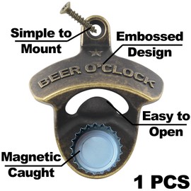 Jumiok Vintage Magnetic Beer Opener Wall Mount Antique Bronze BEER O'CLOCK Cooler Mounted Bottle Cap Opener with Magnets Built-in to Grab Bottle Cap