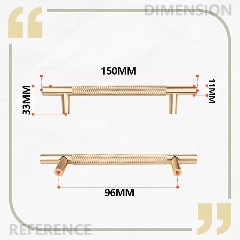 Bwintech 12 Pack Gold 150MM Knurled Cupboard Handles, 96MM Hole