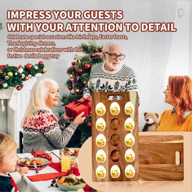 Erwuldor Acacia Wood Deviled Egg Platter,15Holes Deviled Egg Tray.Strip Deviled